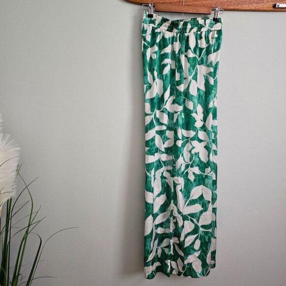 Flying Tomato Pants - Women's Wide Leg Jade Leaf Print Satin Pants, Small